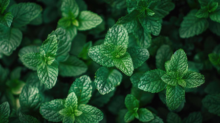 Vibrant green mint leaves in natural light, ideal for organic farming and fresh produceの素材