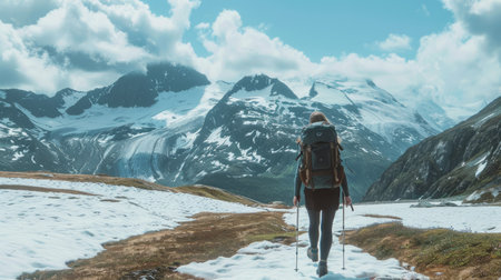 Solo girl with backpack hiking through snow-capped mountainsの素材