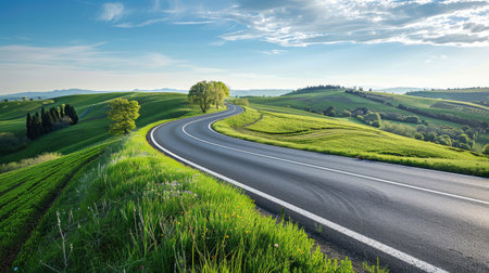 Scenic highway bordered by lush spring fields and rolling hillsの素材