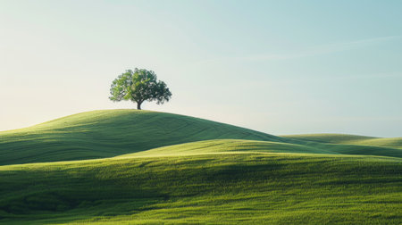 Serene rolling hills with a lone tree standing tall in the distanceの素材