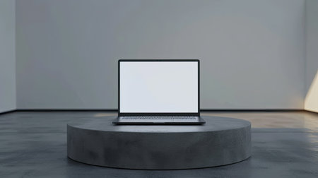 Sleek laptop with a white screen on a minimalist podium, ideal for brandingの素材