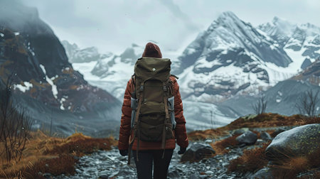 Solo girl with backpack hiking through snow-capped mountainsの素材