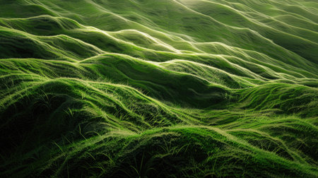 Textured short grass hills with patches of sunlight and shadowの素材