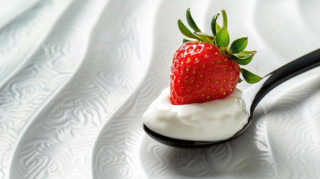 Fresh strawberry on a spoon of yogurt, isolated on white with wavy backgroundの素材