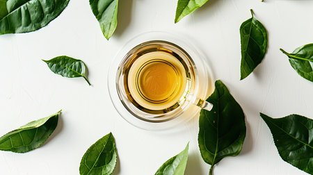 Clear cup of aromatic tea surrounded by green leaves on white backdropの素材
