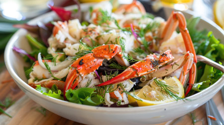 Delicious seafood salad with crab meat, mixed greens, and a lemon dill dressingの素材