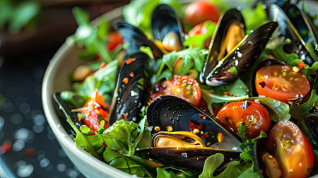 Fresh seafood salad with mussels, cherry tomatoes, and mixed greens, drizzled with olive oilの素材