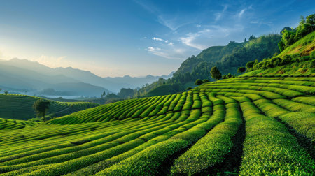 Rolling tea fields in Guangxi Province with vibrant green foliage and clear skiesの素材