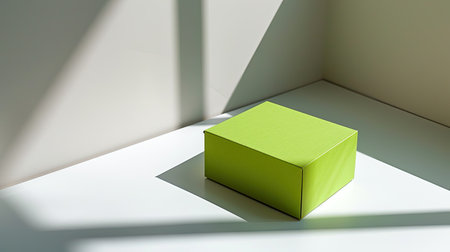 Bright green cardboard box with crisp corners on a white surfaceの素材