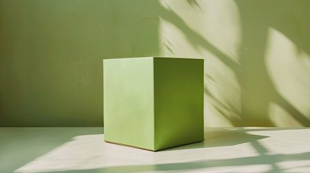 Bright green cardboard box standing upright on a white surfaceの素材
