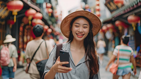 Cheerful Asian tourist woman chatting on her smartphone while walking down a busy streetの素材