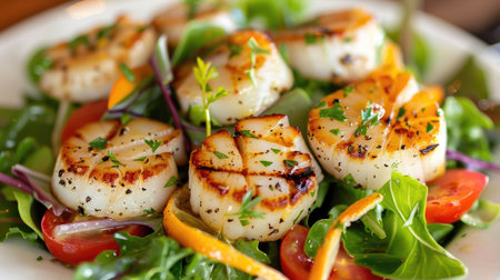 Gourmet seafood salad with grilled scallops, mixed greens, and a citrus vinaigrette dressingの素材