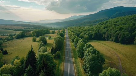Aerial view of countryside asphalt road amidst green forest and mountainsの素材