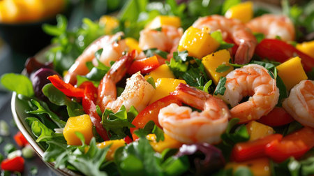 Colorful seafood salad with shrimp, mango, and red bell peppers, served on a bed of mixed greensの素材