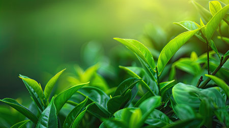 Detailed shot of lush green tea leaves against a smooth, gradient green tea backgroundの素材