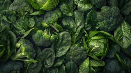 Detailed shot of farm-fresh pak choi, broccoli, and spinach with hints of aromatic bergamot, perfect for health-focused designsの素材