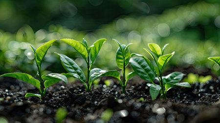 Close-up of healthy tea shoots growing in organic soilの素材