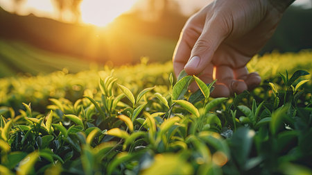 Hand reaching out to pick fresh tea shoots in a lush fieldの素材