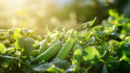 Freshly picked organic green peas pods on a sunny background, garnished with bergamot for visual appealの素材