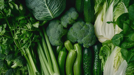 Rich selection of fresh vegetables including celery, pak choi, and broccoli, with hints of bergamot for added flavorの素材