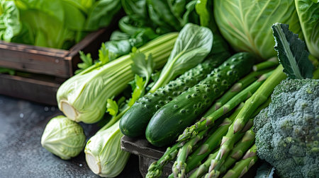 Rich selection of fresh vegetables including cucumber, asparagus, and pak choi, with hints of bergamot for added flavorの素材