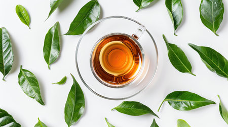 Freshly brewed tea in a glass cup surrounded by green leaves on white backdropの素材