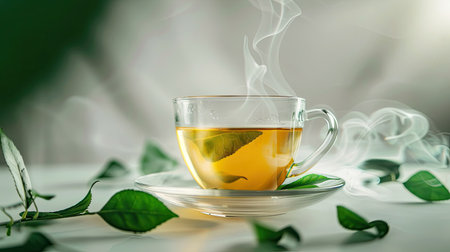 Steaming glass cup of tea with bright green leaves on a pristine white backgroundの素材