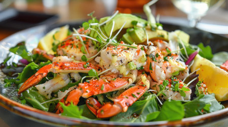 Vibrant seafood salad with crab meat, avocado, and mixed greens, topped with a light vinaigretteの素材