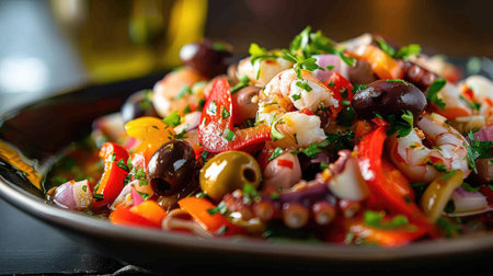 Vibrant seafood salad with octopus, bell peppers, and olives, drizzled with olive oilの素材