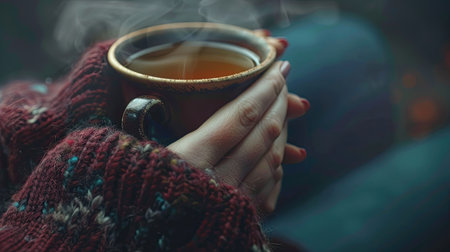 Woman's hand wrapped around a comforting cup of black tea enriched with bergamot, cozy atmosphereの素材