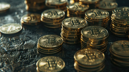 Close-up of multiple stacks of Bitcoins on a black wooden table, representing wealth accumulationの素材
