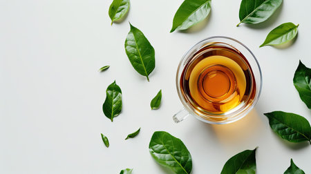 Clear glass cup of tea surrounded by green leaves on a pure white backgroundの素材