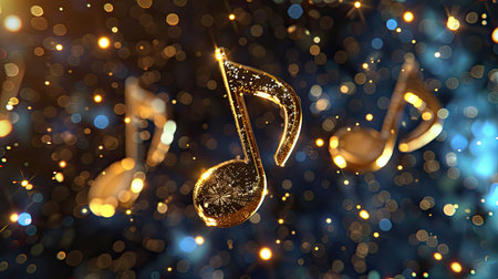 render of three golden musical notes floating in spaceの素材