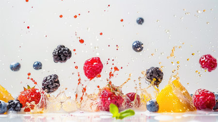 Assorted berries dropping into colorful splashes of juice on a pristine white surfaceの素材