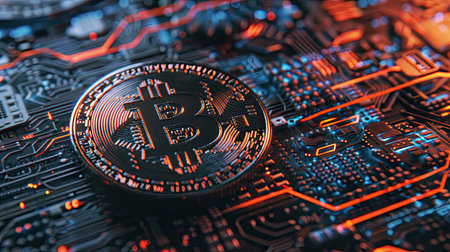 Bitcoin coin with a background of multiple cryptocurrency price chartsの素材