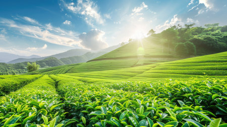 Guangxi Province tea garden with rows of tea plants and bright skiesの素材