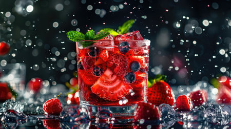 Vibrant red drink with slices of berries and refreshing ice cubes in a transparent glassの素材