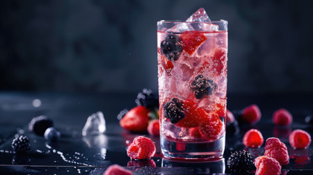 Red berry cocktail served in a tall glass with visible ice cubes and fresh fruit piecesの素材