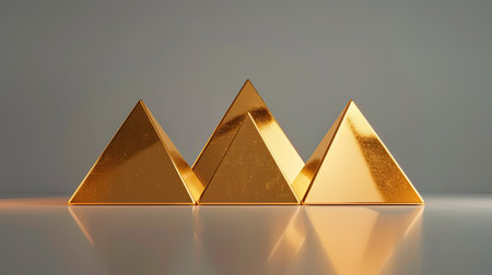 render of three golden pyramids arranged in a triangle formationの素材
