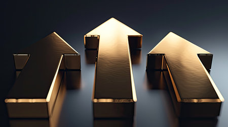 rendering of three golden arrows pointing upwards, symbolizing growthの素材