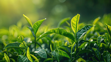Green tea leaves in perfect focus with a softly blurred green tea backgroundの素材