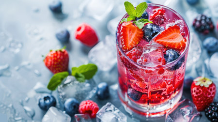 Colorful red drink with assorted berry pieces and ice, perfect for a hot dayの素材