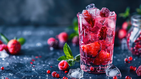 Red fruit cocktail adorned with berry chunks and chilled ice cubes in a tall glassの素材