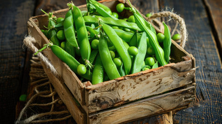 Green peas pods with bergamot garnish, showcasing organic summer produceの素材