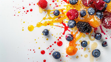 Fresh berries and cascading splashes of colorful juice on a pure white surfaceの素材