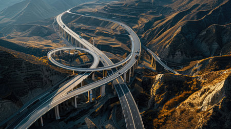 Highway overpass winding through mountainous terrain, captured in a stunning aerial panoramaの素材