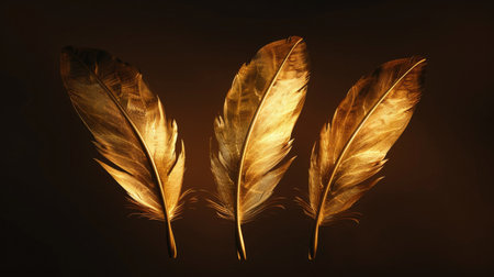 Three golden feathers in a rendering, floating gently on a dark backgroundの素材