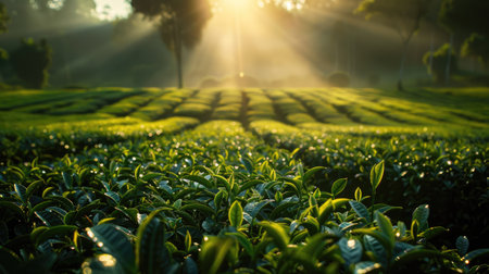 Sunlight filtering through rows of tea shoots in a tea estateの素材