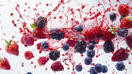 Different types of berries creating an explosion of liquid on a clean white backgroundの素材