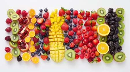 Fresh fruits and berries meticulously arranged for a visually appealing presentation on whiteの素材